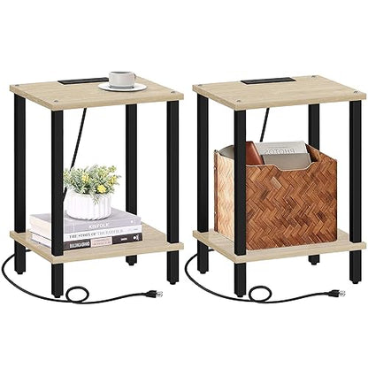 TUTOTAK End Table with Charging Station, Side Table Set of 2, Nightstand | 2-Tier Storage Shelf, Bedside Table with USB Ports, Sofa Table for Small Space, Livingroom, Bedroom Oak TB01BO041 - color: Oak