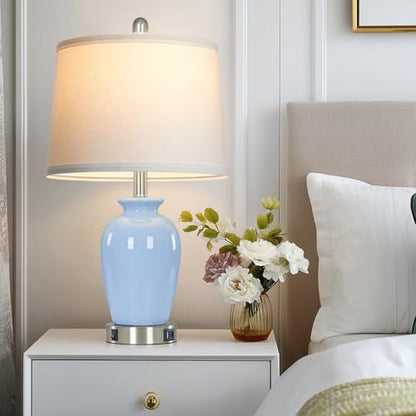23" Light Blue Ceramic Table Lamp Set of 2 for Bedroom, Modern Bedside Lamps for Nightstand Living Room Office Dining Room SideTable - color: Light Blue