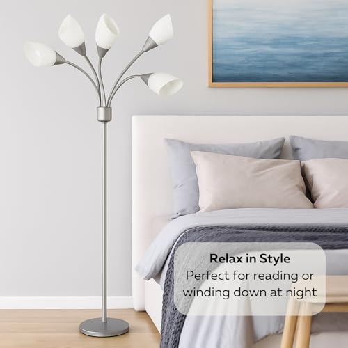 LIGHTACCENTS Medusa 5-Light Floor Lamp – Silver Multi-Head Standing Lamp w/ 5 Adjustable White Acrylic Shades for Bedroom, Living Room, Office, Requires E12 Candelabra-Base LED Bulbs