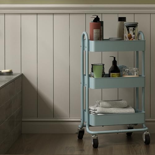 Metal Rolling Cart,3-Tier Metal Rolling Cart with Wheels,3 Tier Utility Cart with Wheels for Office,Home,Kitchen,Garden（13.4"x18.1"x31"） Blue - color: Blue, size: 31"H