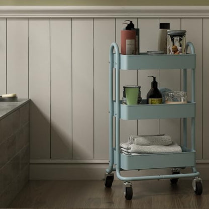 Metal Rolling Cart,3-Tier Metal Rolling Cart with Wheels,3 Tier Utility Cart with Wheels for Office,Home,Kitchen,Garden（13.4"x18.1"x31"） Blue - color: Blue, size: 31"H