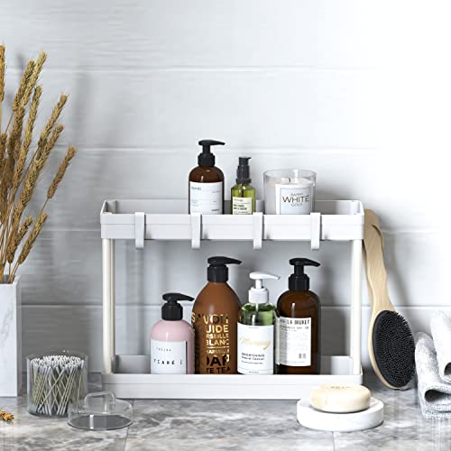 Simple Houseware 2-Tier Under Sink Organizer Storage Tray with Hooks, White - color: White