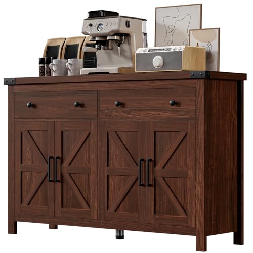VVFLU Buffet Cabinet with Storage Farmhouse with 4 Doors and 2 Drawers, 55'' Large Kitchen Storage Cabinet Cherry Wood Coffee Bar Buffet Sideboard for Kitchen, Dining Room, Living Room - color: Cherry/Wood, size: 15.7"D x 55.1"W x 35.4"H