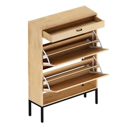 Shoe Cabinet, Shoe Storage Organizer Cabinet with 2 Flip Wavy Line Drawers, Freestanding Shoe Rack with Adjustable Shelf for Entryway, QH242-1 - color: Wavy Line-oak
