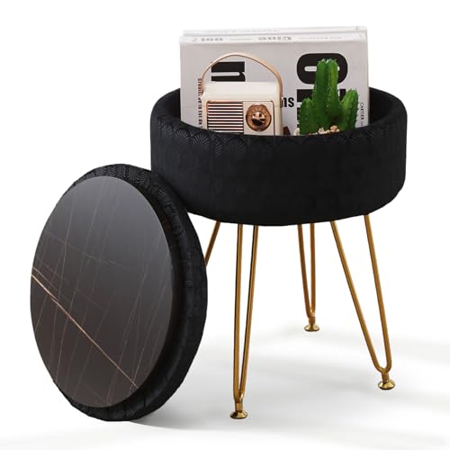 Cpintltr Modern Velvet Foot Rest Stool Upholstered Round Storage Ottomans Multipurpose Dressing Stools Luxury Home Decor Ottoman Coffee Table Top Cover Footstool with Metal Legs for Couch Black - color: Black