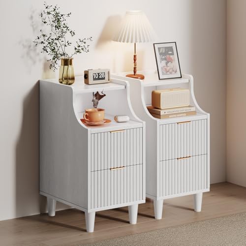 Narrow Nightstand Set of 2,11.8" Fluted Bedside Table Set of 2, Slim Side End Table with 2 Drawers, Wooden Bedside Table, White Wood Night Stand for Bedroom Livingroom Sofa Office - color: White,11.8" With 2 Drawers