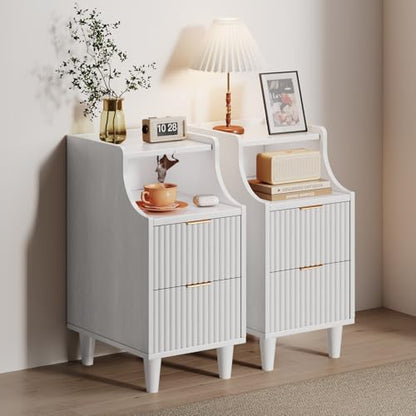 11.8" Narrow Fluted Nightstand Set of 2,Slim Side End Table with 2 Drawers,Mid-Century Modern Bedside Table,Skinny Night Stand for Bedroom, Small Space (White, 11.8" with 2 Drawers) - color: White