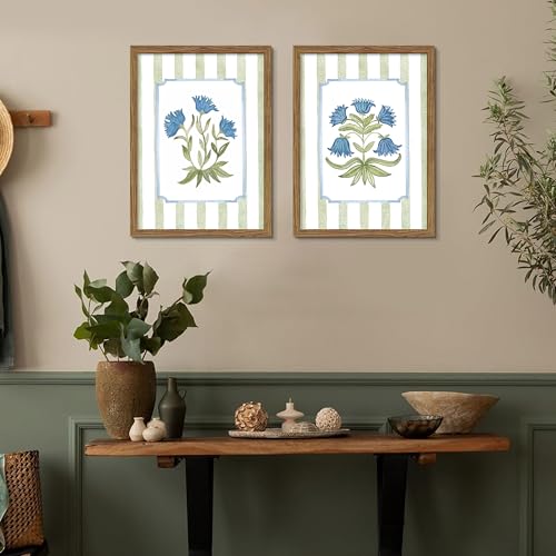 Framed Floral Wall Art Set of 2, Vintage Blue Flower Botanical Canvas Wall Decor Paintings, Cottagecore Stripe Wildflower Posters Prints Pictures for Bedroom Bathroom Living Room 16x24 Inch - color: Blue Floral, size: 24"L x 16"W
