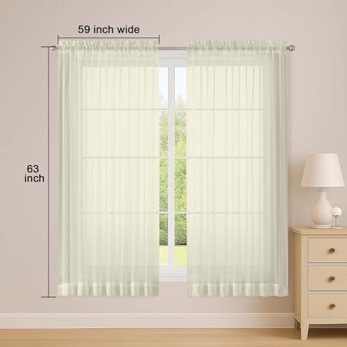 Sheer Cream Curtains, Sheer Curtains 63 inch Length 2 Panels Set, Rod Pocket Voile Fimly Sheer Drapes for Living Room Bedroom, 2pcs, Cream, Each 59" W x 63" L - color: Cream, size: 59"W x 63"L (Pack of 2)