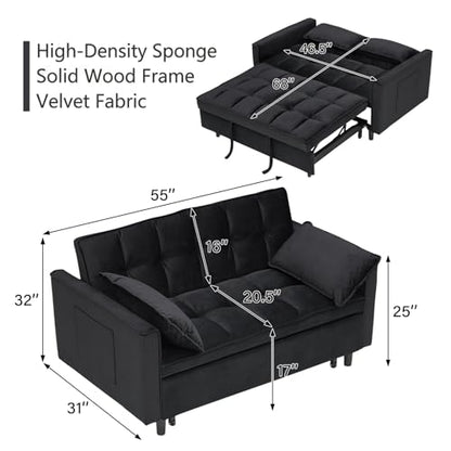 3 in 1 Convertible Sleeper Sofa Bed, Velvet Loveseat Futon Pull-Out Couch with Adjustable Reclining Backrest, Side Pockets and Pillows for Living Room, Bedroom, Apartment, Small Spaces (Black-Velvet) - color: Black-velvet