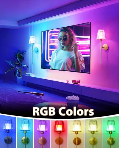 Adetu 23 Inch Crystal Battery Operated Wall Sconce Set of 2 | Gold Rechargeable Wall Sconce with 10000mAh Magnetic Bulbs, RGB Dimmable Wireless Battery Wall Lights for Bedroom Living Room - color: Gold, size: 23 Inch