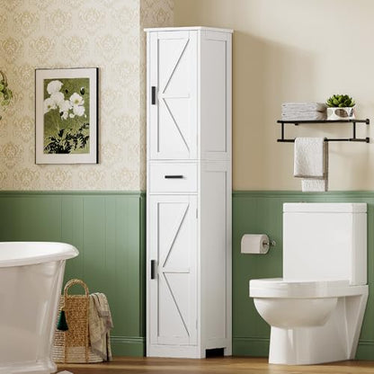 TEENFON 67 Tall Bathroom Cabinet with 6 Shelves & 1 Drawer, Narrow Storage Cabinet with Adjustable Shelves, Silm Cabinet for Living Room, Kitchen, White - color: White-2