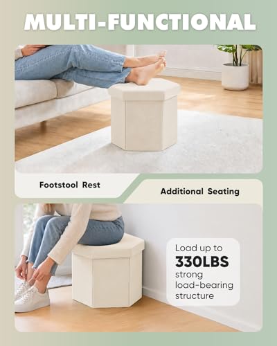 B FSOBEIIALEO Storage Ottoman Cube Hexagonal Pouf Ottomans, Foot Rest Seat for Sofa Footrest Entryway Shoe Footstool for Living Room/Bedroom/Entrway Velvet White 16.93"x15"x15" - color: White