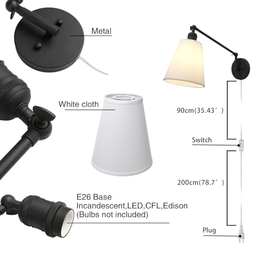 Retro Swing Arm Wall Sconce Plug in Wall Lamp Black Single Sconce with White Fabric Shade Wall Light Fixture for Bedroom Living Room Office - color: Black