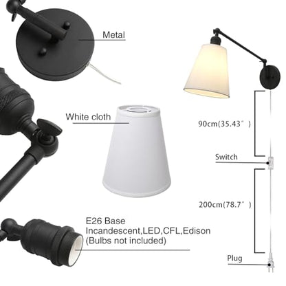 Retro Swing Arm Wall Sconce Plug in Wall Lamp Black Single Sconce with White Fabric Shade Wall Light Fixture for Bedroom Living Room Office - color: Black
