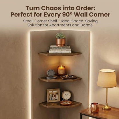 SUYU Set of 3 Floating Corner Shelves, 11.8" Rustic Wood Corner Shelf Wall Mounted, L-Shaped Corner Wall Shelf for Bathroom, Bedroom, Living Room, Kitchen, Office Organizer, Rustic Brown