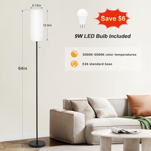 64" Floor Lamp with Bulb & Lampshade & Chain Switch, White & Black | 3 Color Temperature,9W LED bulb,Minimalist Floor Lamp,Tall Pole Lamps,Living Room - color: white & black Classic, size: 64.56 inches 1PCS
