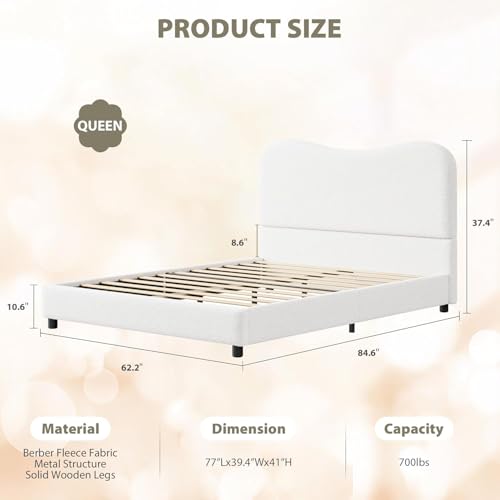 GarveeHome Twin Bed Frame for Kids with Upholstered Boucle Fabric, White | Upholstered Headboard, Low Profile, Sturdy Platform Bed for Girls and Boys, Wooden Slats, Noise Free, No Box Spring Needed - color: White, size: Twin