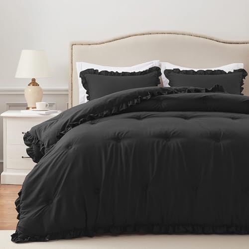 Queen Comforter Ruffle Black, Fluffy Queen Bedding, 3 Pieces Shabby Chic Comforter Set(1 Comforter & 2 Pillow Shams) - color: Black, size: Queen