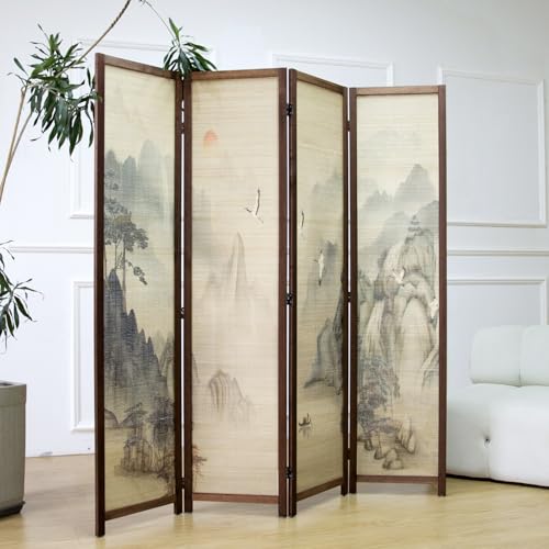 4 Panel Bamboo Room Divider, 5.6 ft Tall Double-Sided Folding Privacy Screen, Premium Thickened Wood Frame with Mountains and Waters Landscape for Home Office (67" H x 63" W) - color: Mountains and Waters, size: 4 Panel