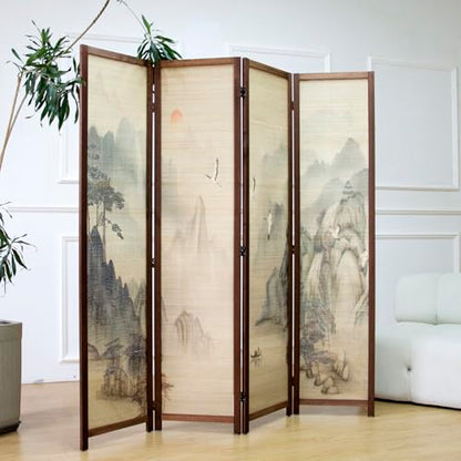 4 Panel Bamboo Room Divider, 5.6 ft Tall Double-Sided Folding Privacy Screen, Premium Thickened Wood Frame with Mountains and Waters Landscape for Home Office (67" H x 63" W) - color: Mountains and Waters, size: 4 Panel