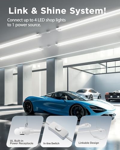 Sunco 6 Pack LED Shop Lights 4FT, Plug in Linkable, White, 40W=150W | 5000K Daylight, 4500LM, Frosted Lens, Pull Chain, Hanging/Surface Mount, 48 Inch Utility Light Fixture for Garage, Workshop