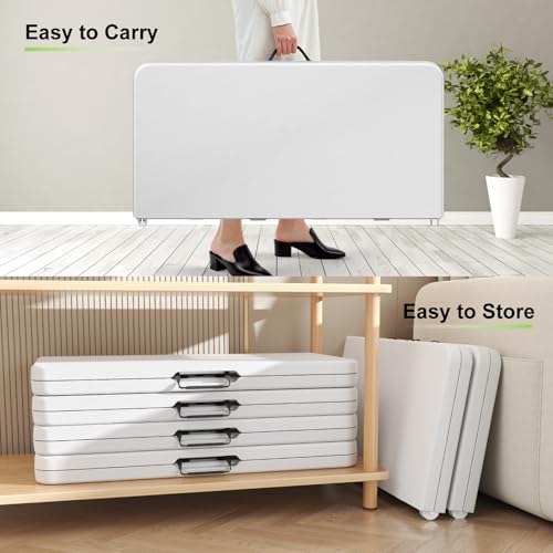 34" Square Folding Table, Plastic Card Table with Carrying Handle, Fold-in-Half Utility Portable Dining Tables Indoor Outdoor for Kitchen, Party, Picnic, Camping, Office, Wedding, White