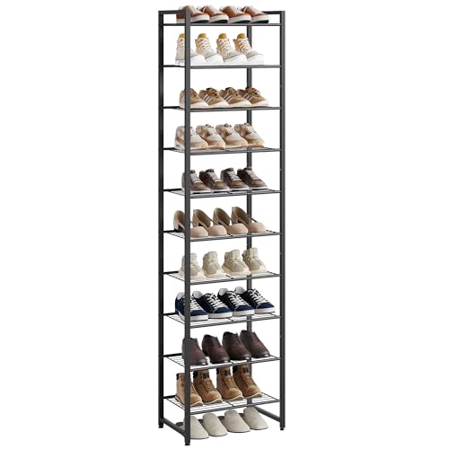 Nunsino Narrow Shoe Rack, 10-Tier Metal Shoe Organizer,Tall Shoe Shelf with Anti-Tip Strap, Max Holds 22 Pairs,Space Saving for Closet,Entryway,Black - color: Black, size: 10 Tier