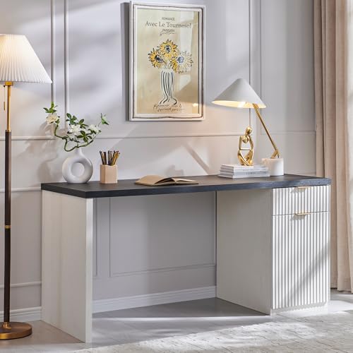 Modern Executive Desk with Storage, Wood Home Office Desk with Drawer & Cabinet, Fluted Computer Writing Desk for Study, Living Room, Bedroom - color: Antique White, size: 22"D x 60"W x 30H"