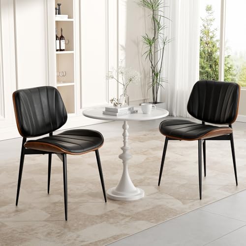 Dining Chairs Set of 2, Mid Century Modern Dining Room Chair, Upholstered Faux Leather Kitchen Chairs with Walnut Bentwood Back and Metal Legs for Kitchen Dining Room Living Room, Black - color: Black, size: Set of 2