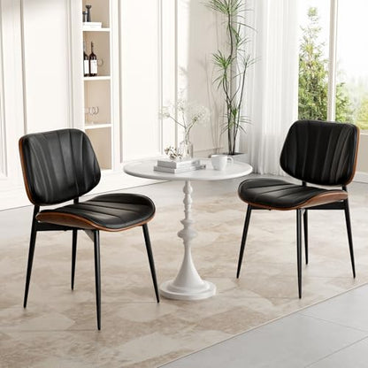 Dining Chairs Set of 2, Mid Century Modern Dining Room Chair, Upholstered Faux Leather Kitchen Chairs with Walnut Bentwood Back and Metal Legs for Kitchen Dining Room Living Room, Black - color: Black, size: Set of 2