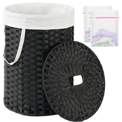 SETVSON Laundry Hamper with Lid 23.8 Gal Handwoven Laundry Basket Black | The lid hides dirty clothes, keeping spaces neat and fresh. 90 L Large Capacity, Stylish Design with Handles Easy Transport - color: Black, size: 90 L