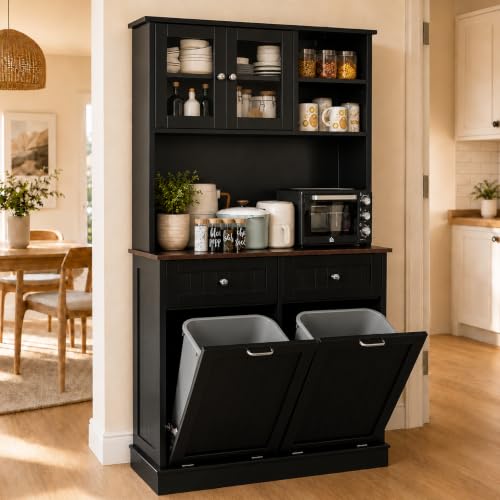 68.4" Kitchen Pantry Storage Cabinet, Freestanding Cupboard with Shelf, 2 Drawers and 2 Tilt Out Trash Cabinet, Tall Cabinets for Kitchen, Dinning Room, Living Room (Glossy Black, Double Tilt) - color: Glossy Black