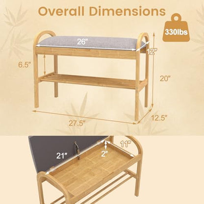 GOFLAME Bamboo Shoe Rack Bench with Storage, 2-Tier Entryway Bench with Flip Top Storage and Padded Seat Cushion, Shoe Rack Organizer with Shelf for Hallway, Bedroom, Living Room - style: With Storage
