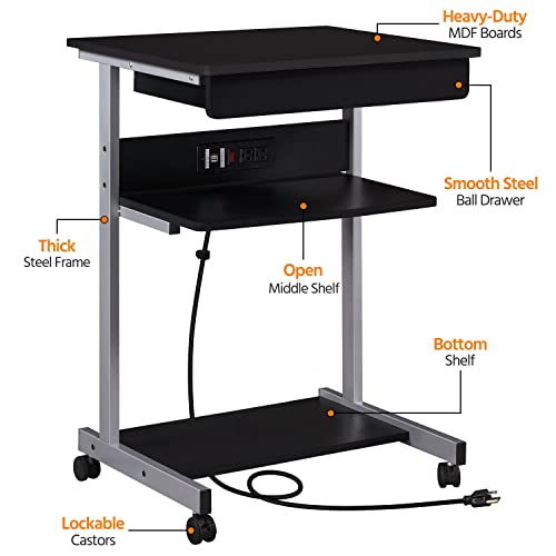 Yaheetech Small Rolling Computer Desk with Power Outlet, Laptop Cart, Black | A Small Rolling Desk with a Power Outlet, 2 USB Ports, a Drawer, and a Shelf Fits a Laptop and Printer into Tight Spaces.