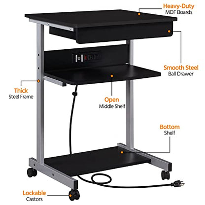 Yaheetech Small Rolling Computer Desk with Power Outlet, Laptop Cart, Black | A Small Rolling Desk with a Power Outlet, 2 USB Ports, a Drawer, and a Shelf Fits a Laptop and Printer into Tight Spaces.