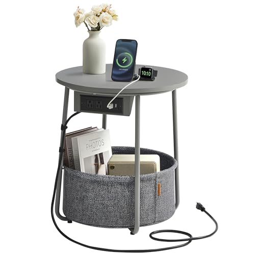 VASAGLE LILEA Collection - Side Table with Charging Station, Round End Table with Fabric Basket, Nightstand with USB Ports, for Living Room, Bedroom, Modern, Dove Gray and Slate Gray ULET228G01 - color: Dove Gray + Slate Gray
