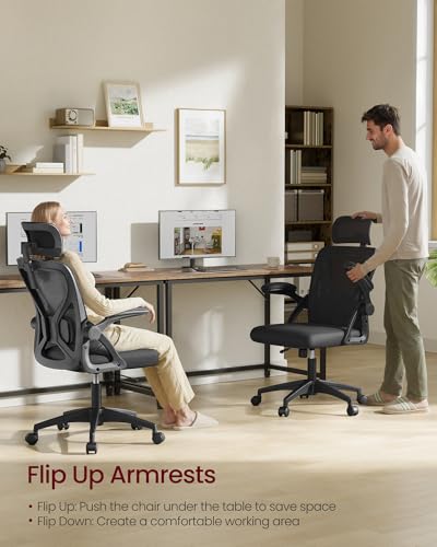 VASAGLE Office Chair, Adjustable Mesh with Lumbar Support and Headrest | Ergonomic desk chair, 90-105° tilt function, wide seat, flip-up armrests, home office, Ink Black UOBN044BH01S - color: Ink Black, size: Set of 1, style: Office Chair With Headrest