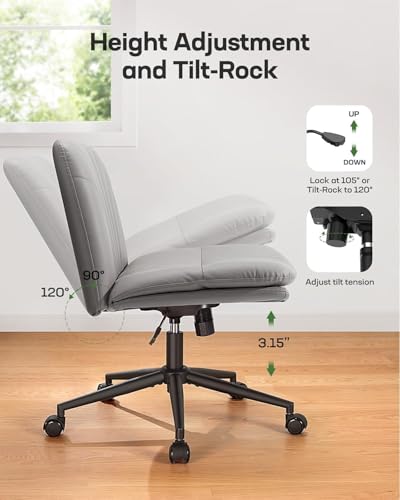 Marsail Criss Cross Office Chair with Wheels, Armless Wide Desk Chair for Active Sitting, PU Leather Cross Legged Chair for Home Office, Pet-Friendly & Easy Clean, Grey - color: Grey