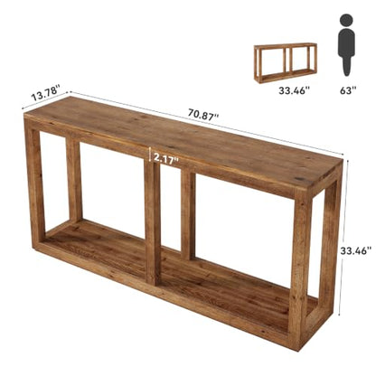 70.9" Solid Wood Console Table, Entryway Table, Sofa Tables | Farmhouse Style, 2-Tier Storage, Narrow Long Design, For Living Room, Hallway, Entrance, Brown