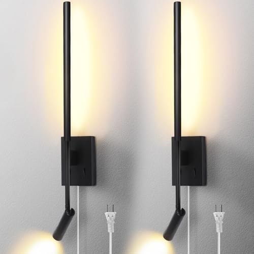 Modern Plug in Wall Sconce Indoor Wall Light Set of two for Bed, Corded Minimalist Bedside Linear Wall Sconce With Switch, Adjustable Black Wall Mount lamp for Living Room Bedroom Hallway Reading etc - color: Black, size: 2-PCS