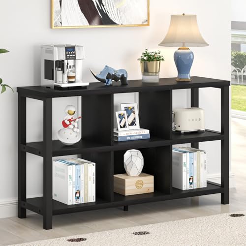 Industrial 6 Cube Storage Organizer Bookshelf, Wood and Metal Cubby Bookcase, Horizontal Open Book Shelf for Bedroom Living Room, Black Oak, 47 Inch - color: Black