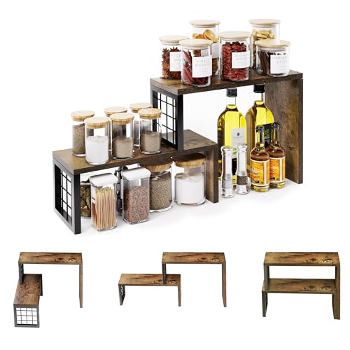 Kitchen Countertop Organizer, 2 Tier Corner Counter Shelf, Rustic Brown | Stackable, Expandable, Adjustable Cabinet Organizer Shelf, Spice Rack, for Kitchen, Coffee Station, Rustic Wood Grain - color: Rustic Brown