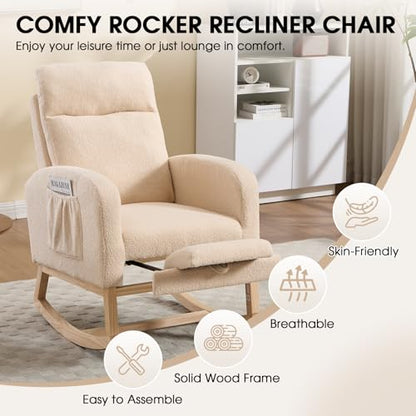 Rocking Chair Nursing, Rocker Chair with Footrest (Cream) | Teddy Boucle Upholstered Accent Reading Chair with High Back & Side Pocket for Living Room Bedroom Nursery Office - color: Cream