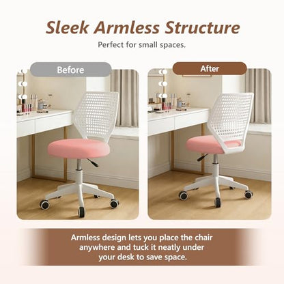 JPBSTO Armless Desk Chair, Height Adjustable Swivel Office Rolling Task Chairs with Soft Mesh Padded Cushion, Ergonomic Small Study Computer Chair - color: Light Pink