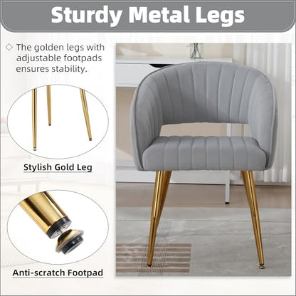 Velvet Home Office Desk Vanity Chair, No Wheels, Gold Legs, Grey | Modern Accent Chair with Stylish Stripe Design, Spacious‌ Soft Seat for Girls & Women Bedroom Makeup or Nail Table - color: Grey Velvet, No Wheels