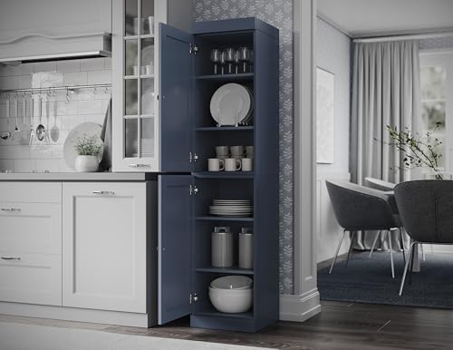 Solid Wood Kitchen Pantry - Narrow Storage Cabinet -Shaker Doors, Adjustable Shelves, Antique Blue, 16.5" Wide x 71.5" Tall, 100% Eco-Friendly Wood, Modular Cabinet - color: Antique Blue, style: Shaker Doors