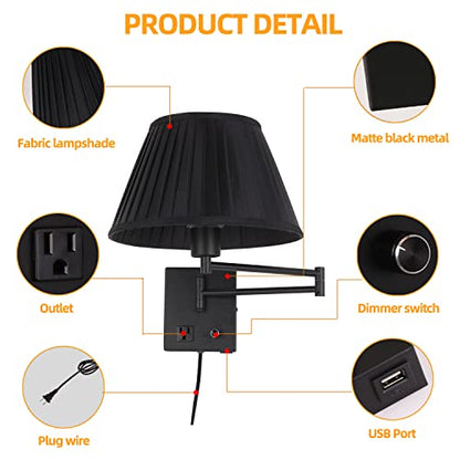 17" Swing Arm Wall Lamp USB & AC Outlet, Dimmable, Black | Adjustable Swing Arm Rotary dimmer sets Plug-in bedside Bedroom Living Room reading - color: Black