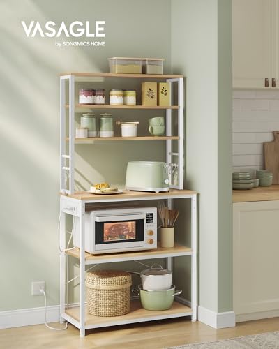 VASAGLE Bakers Rack with Power Outlet, 31.5 Inches Coffee Bar for Kitchen with Storage, 6-Tier Kitchen Shelves with 6 Hooks, Microwave Stand, Modern, Golden Oak and Cloud White UKKS119Y01 - color: Golden Oak + Cloud White, size: 31.5"W, style: With Power