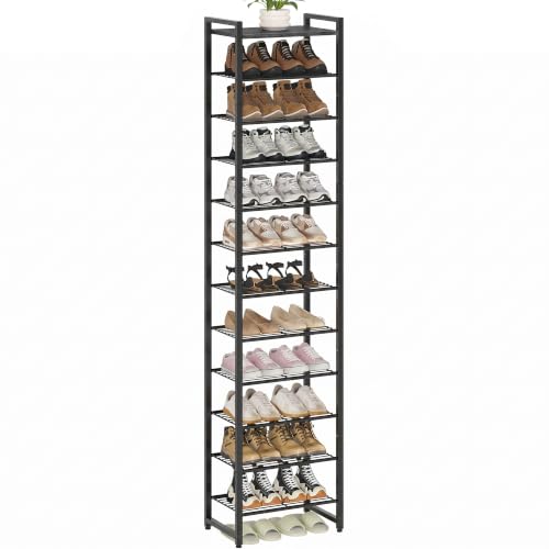 Narrow Shoe Rack 12-Tier, Tall Shoe Organizer for Small Spaces | Black, Holds Up to 26 Pairs, for Closets, Entryways, Garage, Dorm Rooms, Reinforced Wire Shelves, Wood Top - color: Black, size: 12 Tier